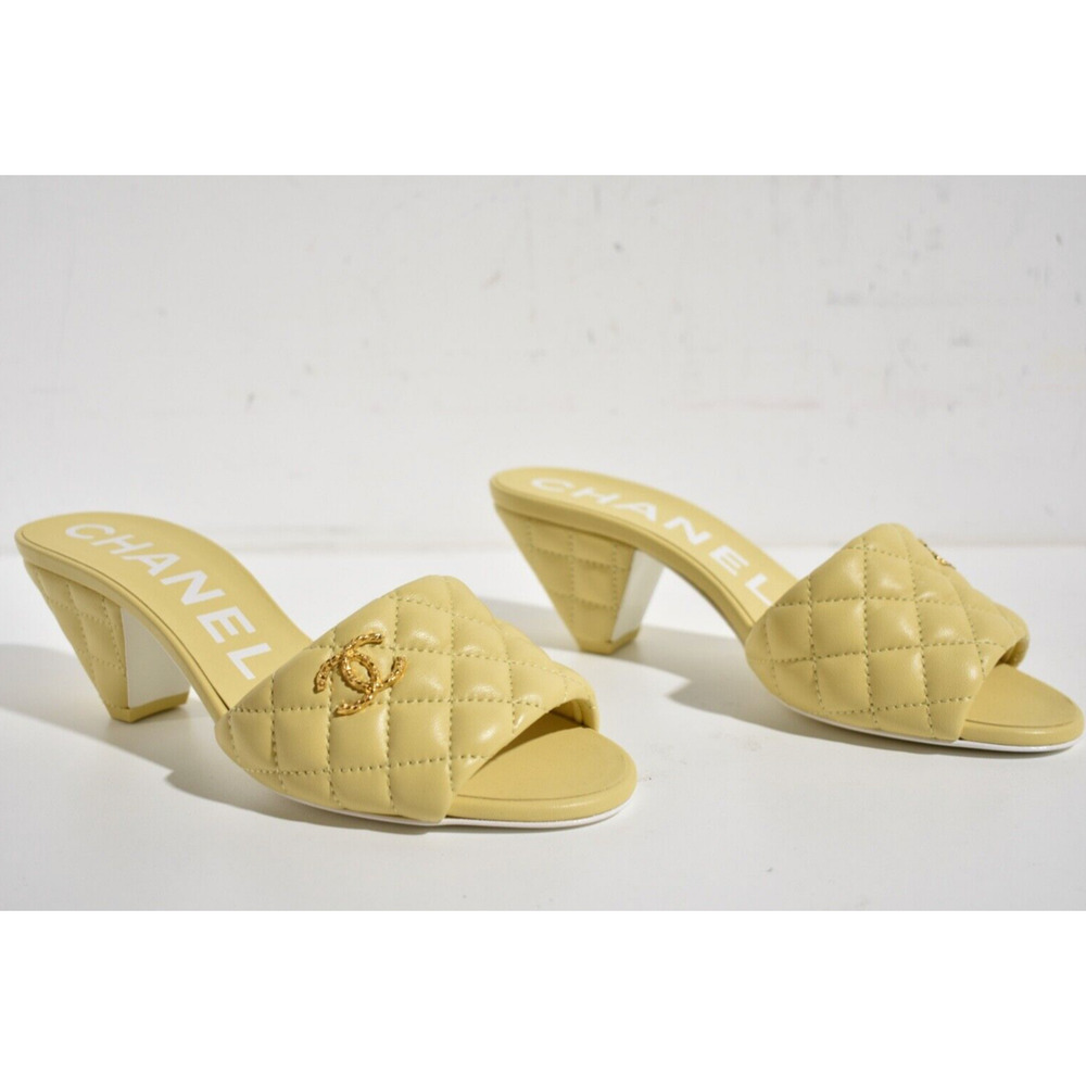 Chanel 22P Yellow Lambskin Quilted CC Gold Logo Cone Heel Mule Slide Sandal 38 - Picture 6 of 12